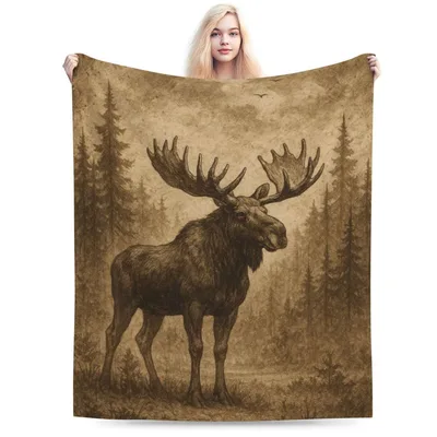 Vintage Moose Woodland Silhouette Blanket featuring a detailed elk