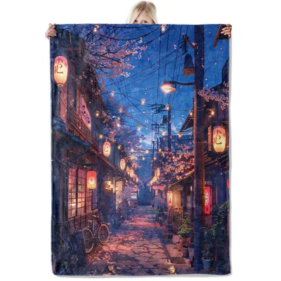 Japanese Street Night Lanterns Blanket: Cherry Blossom Alley Scene