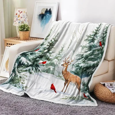 Deer Cardinal Winter Pine Blanket: Snowy Forest Scene with Red Birds