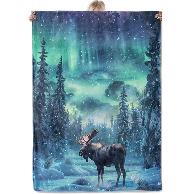 Moose Northern Lights Forest Blanket Winter Wildlife Scene