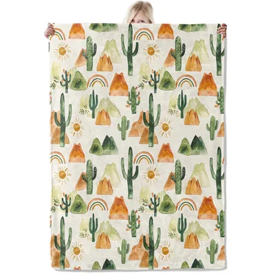 Cactus Rainbow Mountains Pattern Blanket: Watercolor Desert Art