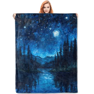Starry Night Forest Blanket features a swirling moon