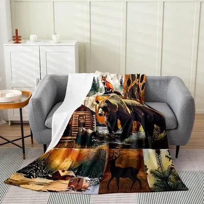 Rustic Lodge Woodland Animals Blanket: Cabin Bear Deer Fox Design