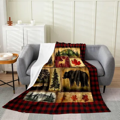 Bear Cabin Woodland Scene Blanket: Rustic Patchwork with Bear and Deer