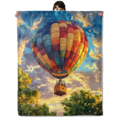 Colorful Hot Air Balloon Blanket: Rainbow Balloon Over Sunset Trees