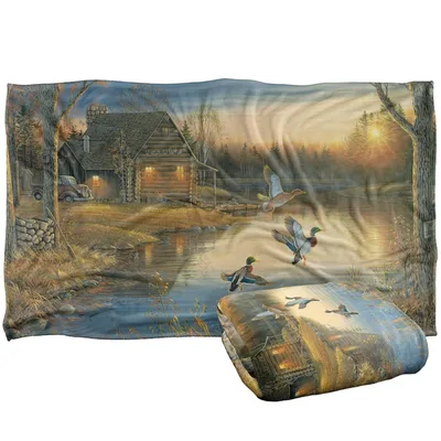 Ducks on the Lake Blanket: Rustic Cabin and Flying Mallards Art