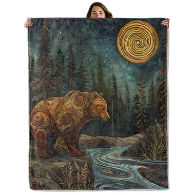 Bear by Forest River Blanket: Tribal Bear Night Scene Art