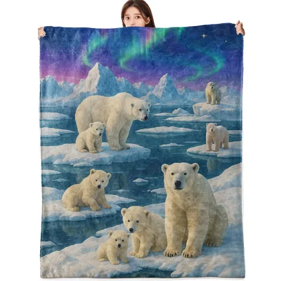 Polar Bears on Ice Blanket: Arctic Family Scene with Aurora Borealis