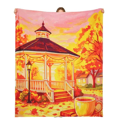Autumn Gazebo Painting Blanket: Cozy Fall Scene with Coffee Cup