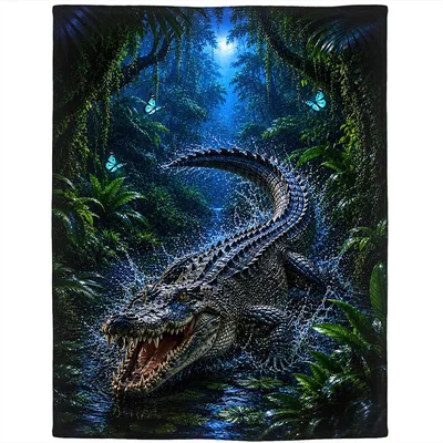 Crocodile in Tropical Jungle Blanket: A Nighttime Reptile Art Print