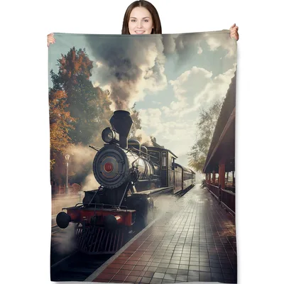 Steam Train Station Journey Blanket: Vintage Locomotive Art