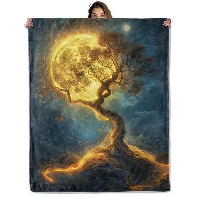Golden Moon Night Tree Blanket: Enchanted Forest Art for Cozy Nights