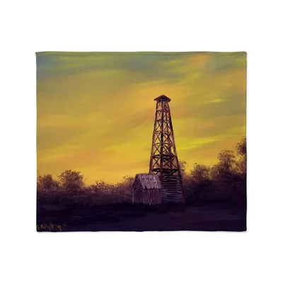 Old Derrick Sunset Landscape Blanket: Rustic Oil Painting Art