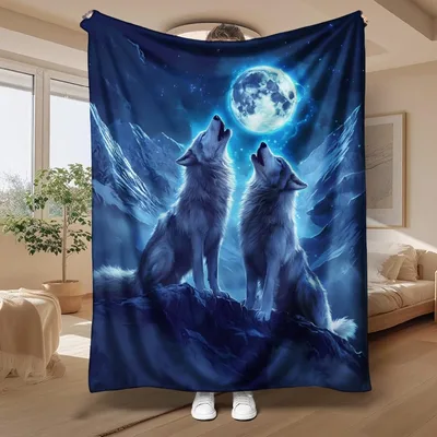 Howling Wolves Under Full Blanket: Two Wolves Howling at the Moon Art