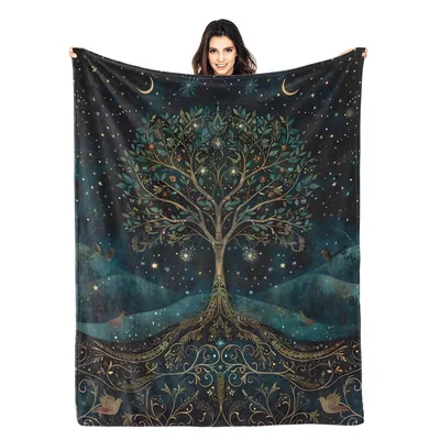 Tree of Life Blanket: Mystical Moon and Starry Night Design