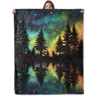 Aurora Forest Night Reflection Blanket: Glowing Sky Over Pine Trees