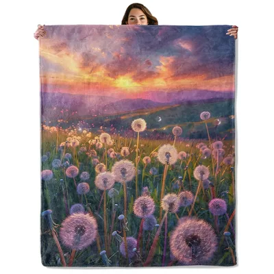 Dandelion Field at Sunset Blanket: Ethereal Floral Landscape Art
