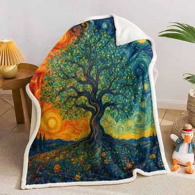 Swirling Sunset Tree Landscape Blanket: Artistic Nature Print
