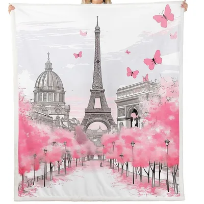 Eiffel Tower Pink Cherry Blanket: Parisian Skyline with Blossoms