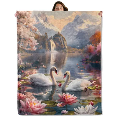 Swans on Mountain Lake Blanket: Romantic Swan and Floral Scenery