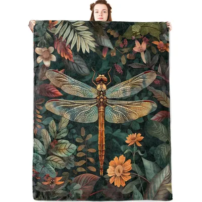 Dragonfly Botanical Forest Flowers Blanket: Nature-Inspired Throw