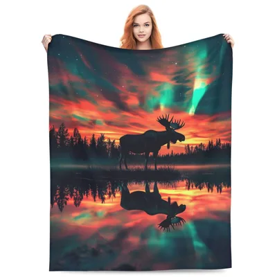 Moose Northern Lights Lake Blanket: Wild Nature Silhouette Design