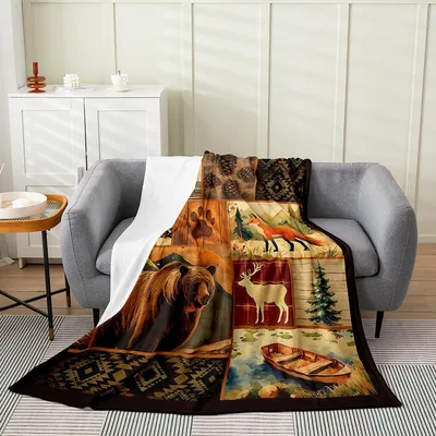 Rustic Wildlife Forest Collage Blanket featuring a brown bear