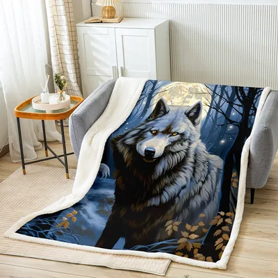 Wolf Under Moonlit Forest Blanket: Wild Wolf Art for Nature Lovers