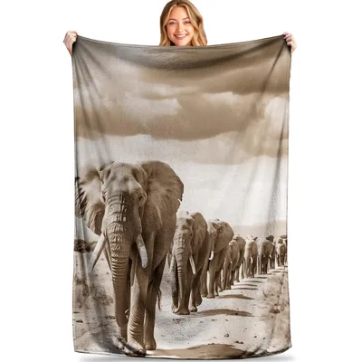Elephant Herd Walking Path Blanket: A Sepia Herd on a Dusty Trail