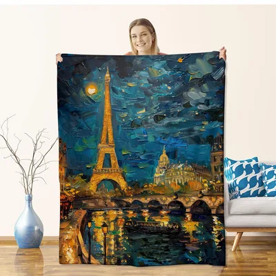 Paris Eiffel Tower Oil Painting Blanket: Artistic Night Scene