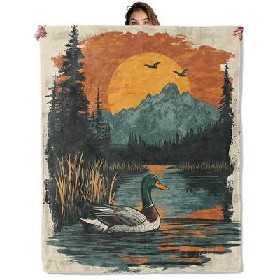 Mallard Duck Sunset Lake Blanket: Vintage Wildlife Landscape Art