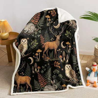 Nocturnal Deer Mushroom Grove Blanket features barn owls