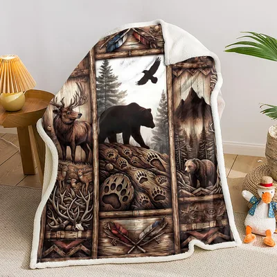 Forest Wildlife Cabin Scene Blanket: Rustic Bear and Deer Artwork