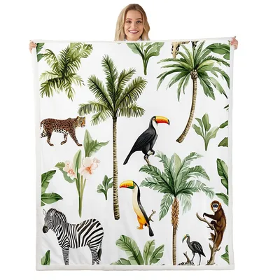 Tropical Palm Safari Animals Blanket: Jungle Wildlife Throw