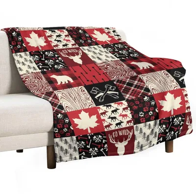 Cabin Rustic Bear Deer Blanket: Patchwork Plaid with Go Wild Moose