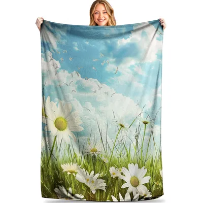 Sunny Daisy Meadow Landscape Blanket: A Sky and Flower Print