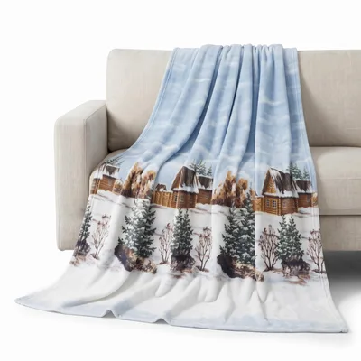 Winter Cabin Village Pattern Blanket featuring rustic log homes