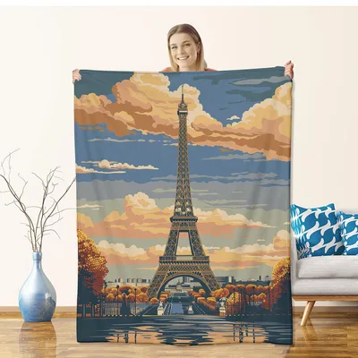Eiffel Tower Sunset Landscape Blanket: Vintage Parisian Skyline Throw