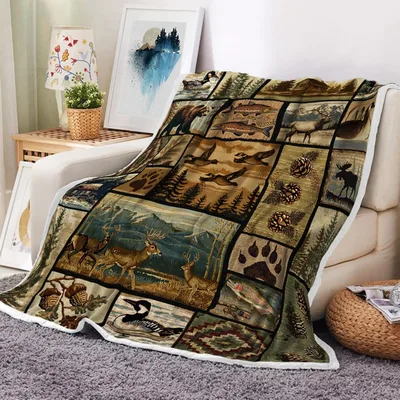 Rustic Lodge Wildlife Pattern Blanket: Forest Patchwork Design