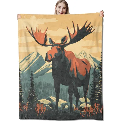 Vintage Moose Mountain Forest Blanket: Retro Wildlife Art
