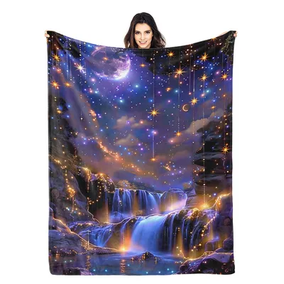 Starry Night Waterfall Fantasy Blanket featuring a glowing moon