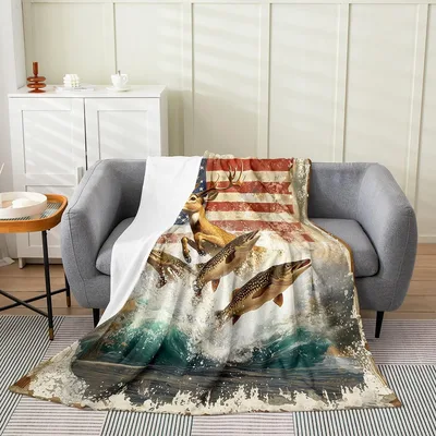 American Flag Mountain Landscape Blanket: Wild Deer and Fishing Print