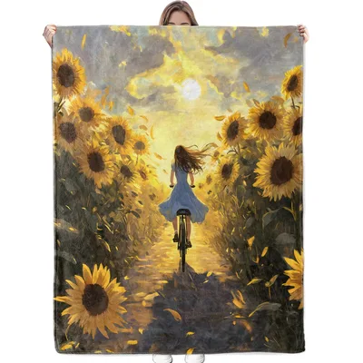 Sunflower Field Back View Blanket: A Cyclist in a Golden Field