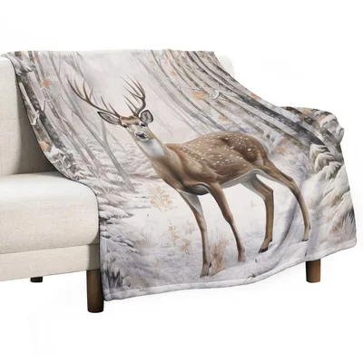 Deer in Snowy Woods Blanket: Rustic Winter Deer Art for Nature Lovers