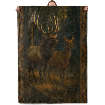 Two Elk in Forest Blanket: Rustic Wildlife Art for Nature Lovers