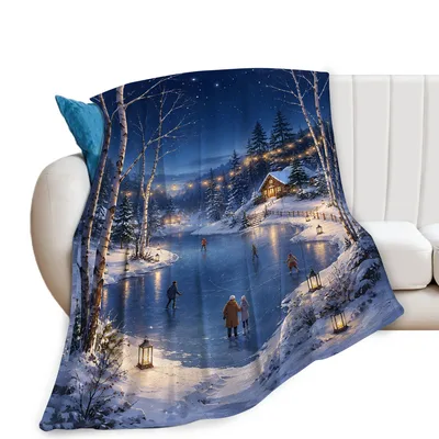 Snowy Cabin Ice Skating Blanket: A Winter Night Scene with Lanterns