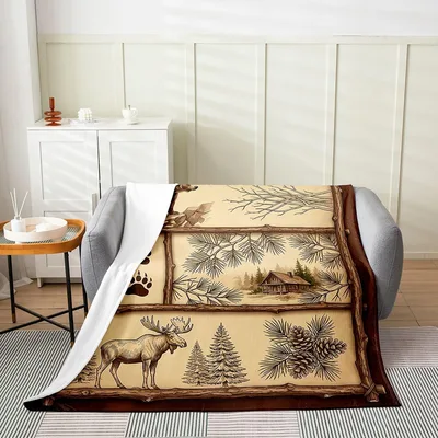 Moose and Pine Trees Blanket: Rustic Cabin and Wildlife Print