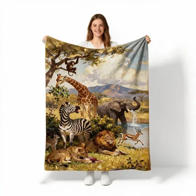 African Safari Animals Landscape Blanket featuring realistic lions