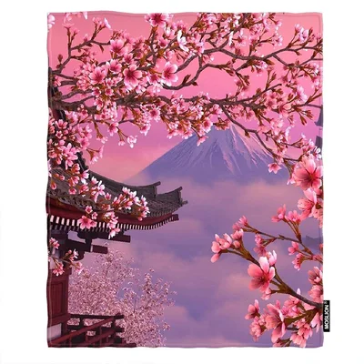 Cherry Blossoms and Pagoda Blanket: Pink Sakura and Mountain View