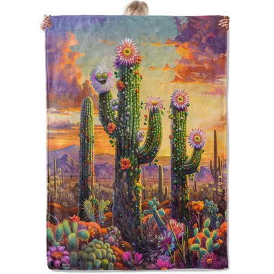 Colorful Cactus Desert Sunset Blanket featuring a whimsical